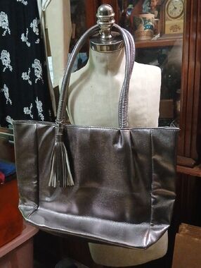 Metallic Silverish Gold Tote Bag with Tassel Accent - Women